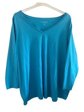 Woman Within Womens 3X Turquoise Blue V-Neck Long Sleeve Cotton Top Size 30/32